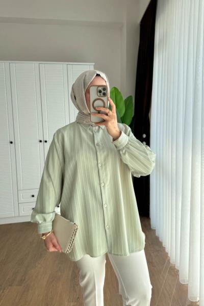 Çizgili Linda Gömlek Su Yeşili