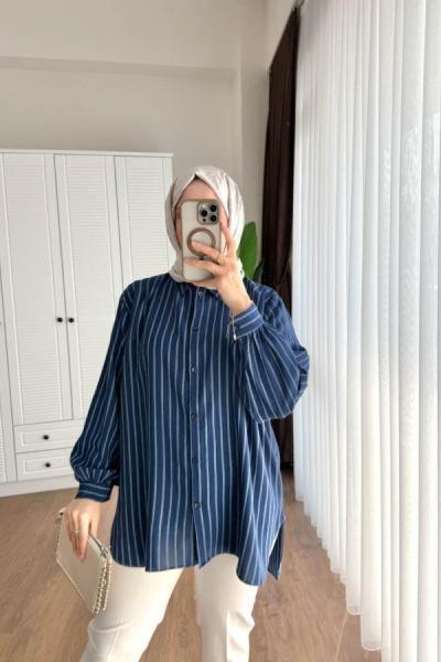 Çizgili Linda Gömlek Lacivert