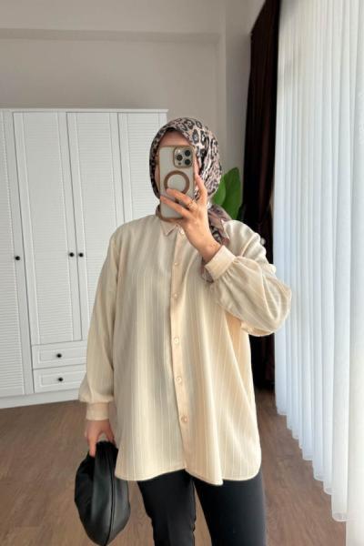 Çizgili Linda Gömlek Bej