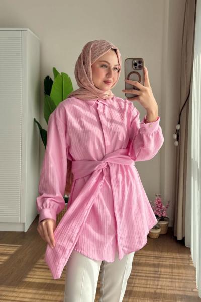 Beli Kuşaklı Armürlü Gömlek Pembe