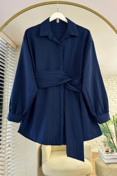 Beli Kuşaklı Armürlü Gömlek Lacivert