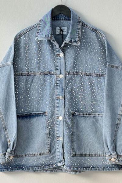 Önü Taşlı Kot Ceket Mavi