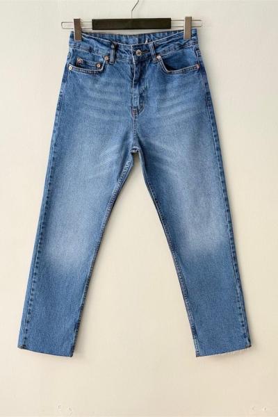 Kesik Paça Mom Kot Pantolon Mavi