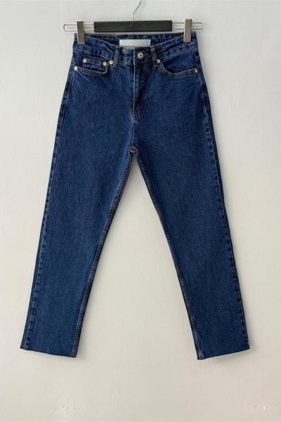 Kesik Paça Mom Kot Pantolon Lacivert