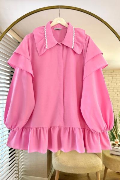 Yakası Brodeli Royal Tunik Pembe