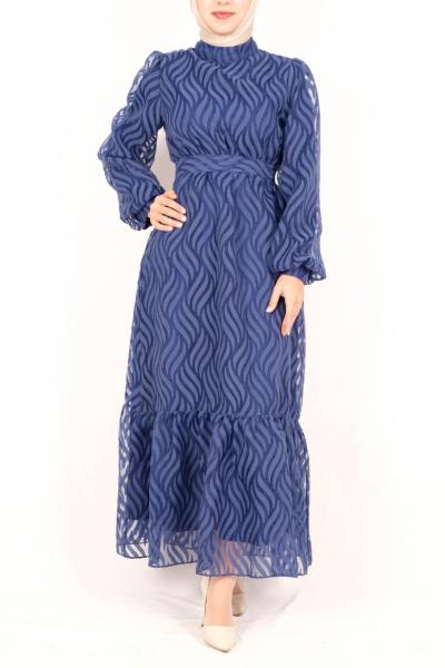 Balık Kol Astarlı Jakar Örme Elbise Lacivert