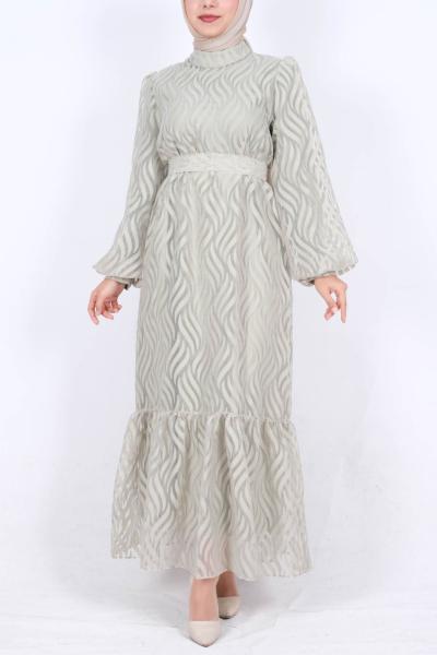 Balık Kol Astarlı Jakar Örme Elbise Çağla Yeşili