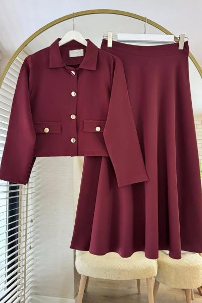 Gold Düğmeli Etekli Takım Bordo