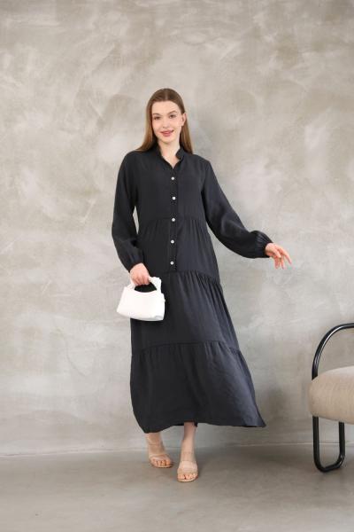 Parçalı Düğmeli Modal Elbise Siyah