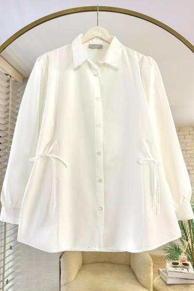 Yanlardan Bağcıklı Poplin Gömlek Ekru