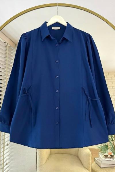Yanlardan Bağcıklı Poplin Gömlek Lacivert