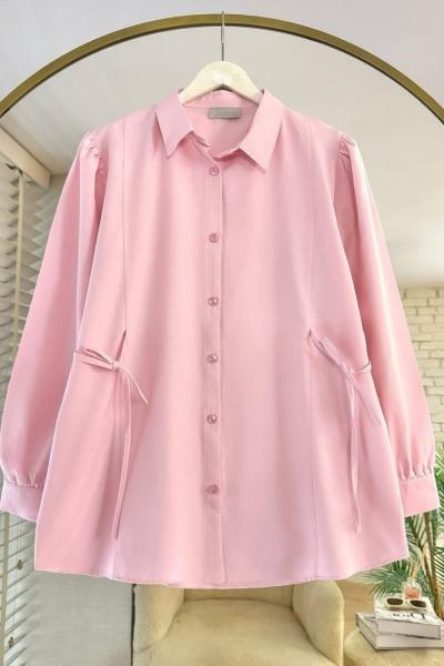 Yanlardan Bağcıklı Poplin Gömlek Pembe