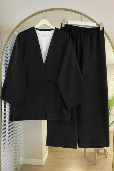 Bağlamalı Keten Kimono Takım Siyah