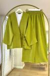 Bağlamalı Keten Kimono Takım Yağ Yeşili