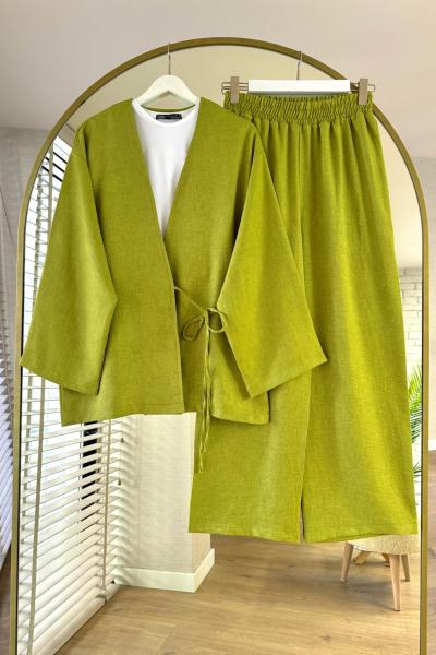 Bağlamalı Keten Kimono Takım Yağ Yeşili