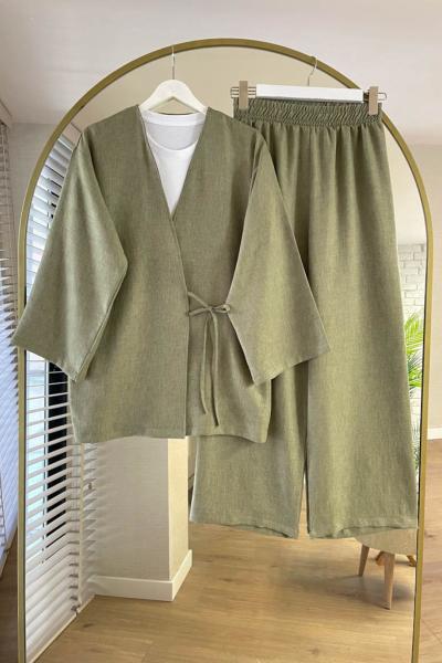 Bağlamalı Keten Kimono Takım Haki