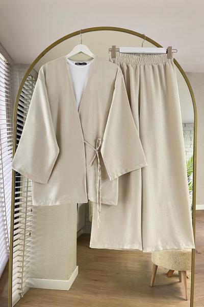 Bağlamalı Keten Kimono Takım Bej