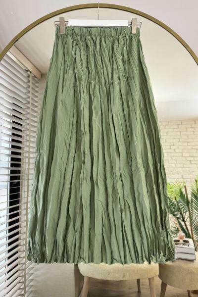 Kırışık Poplin Etek Yeşil