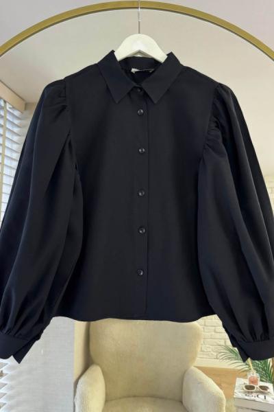 Balon Kol Kısa Gömlek Siyah