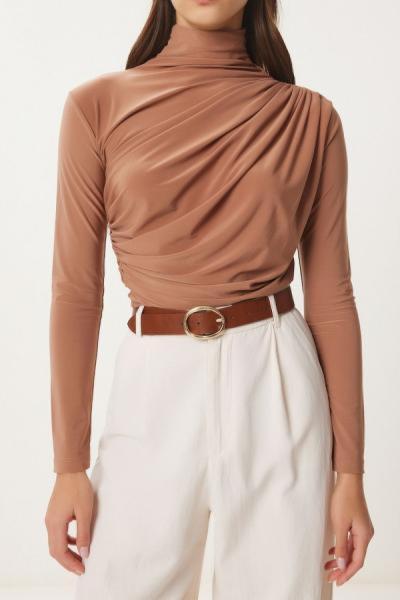 Balıkçı Büzgülü Bluz Camel