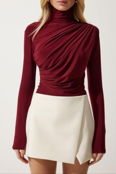 Balıkçı Büzgülü Bluz Bordo