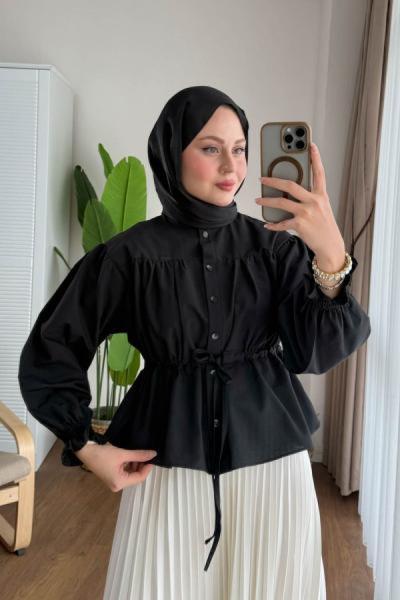 Beli Tünelli Kısa Gömlek Siyah