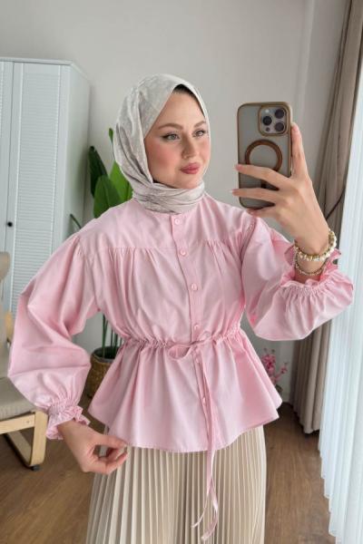 Beli Tünelli Kısa Gömlek Pembe