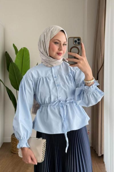 Beli Tünelli Kısa Gömlek Mavi