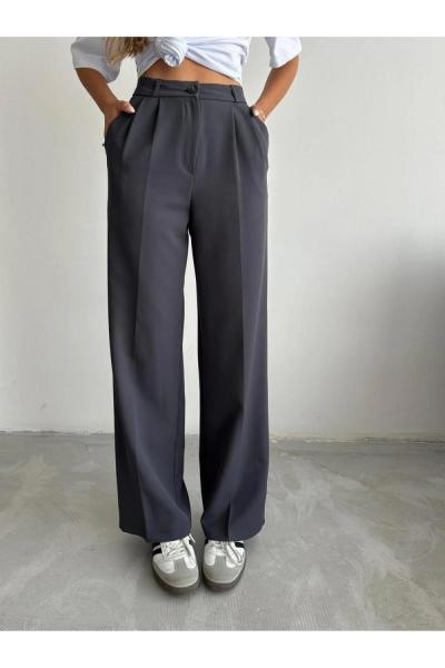 Pileli Palazzo Kumaş Pantolon Antrasit