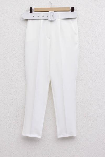 Kemerli Double Krep Pantolon Beyaz