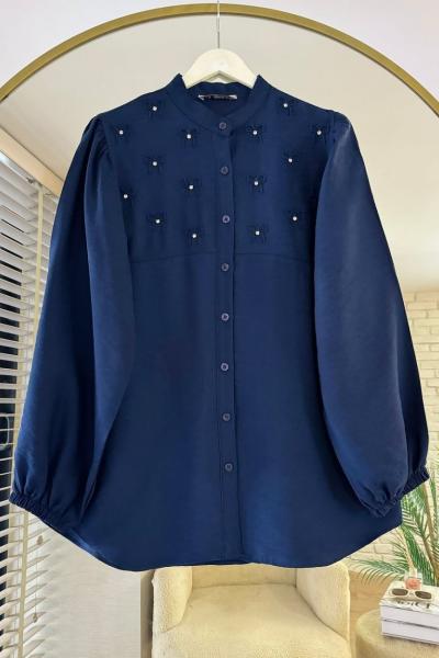 Fiyonk Nakışlı Hakim Yaka Gömlek Lacivert