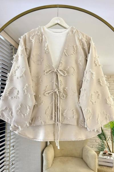Püsküllü Keten Kimono Bej