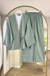 Bağlamalı Keten Kimono Takım Mint Yeşili