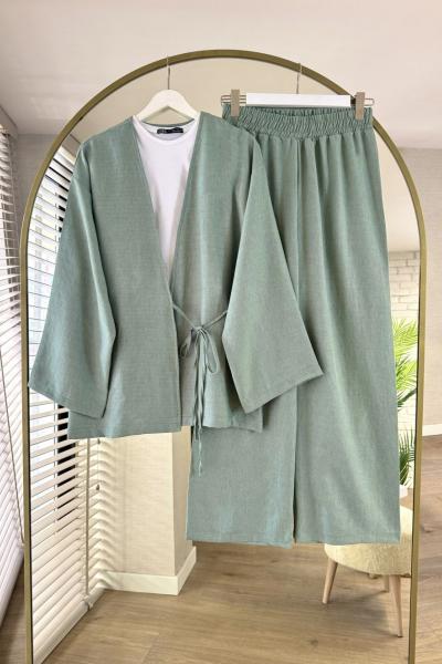 Bağlamalı Keten Kimono Takım Mint Yeşili