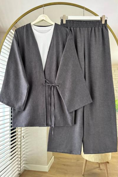 Bağlamalı Keten Kimono Takım Antrasit