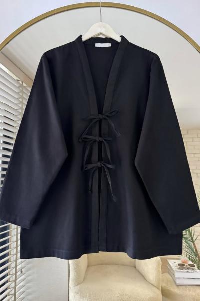 Önü Bağcıklı Gabardin Ceket Siyah