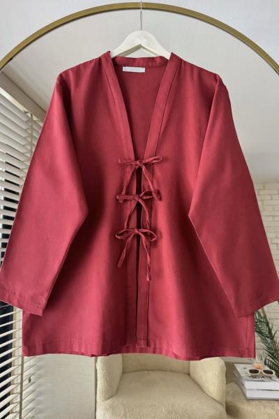 Önü Bağcıklı Gabardin Ceket Bordo