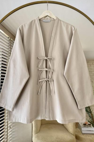 Önü Bağcıklı Gabardin Ceket Bej