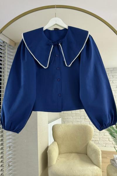 Yakası İncili Gömlek Lacivert