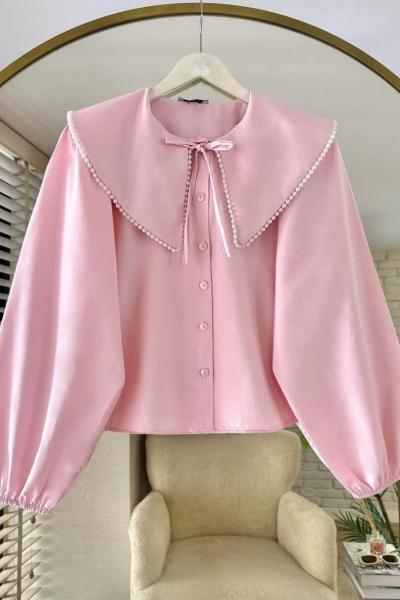Yakası İncili Gömlek Pembe