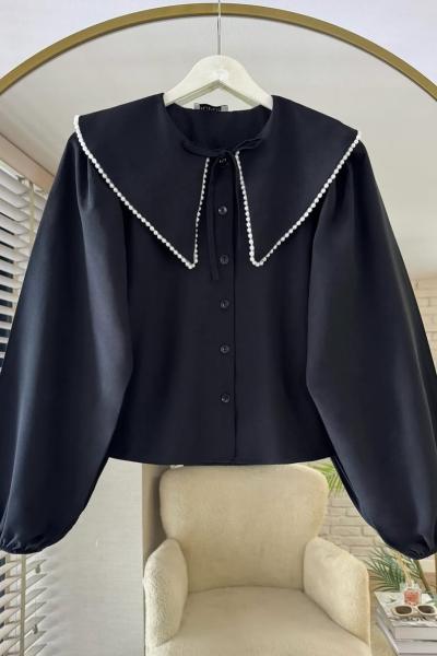 Yakası İncili Gömlek Siyah