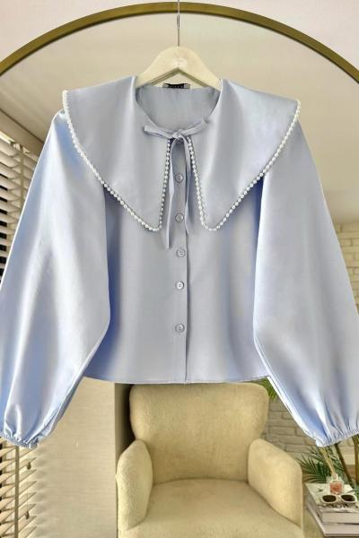 Yakası İncili Gömlek Mavi