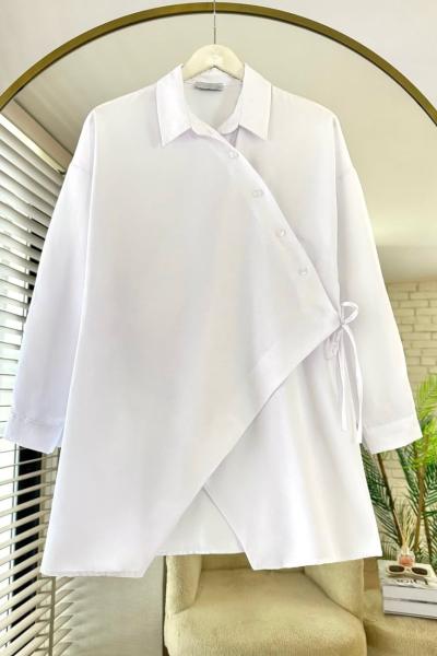 Çapraz Düğmeli Poplin Gömlek Beyaz