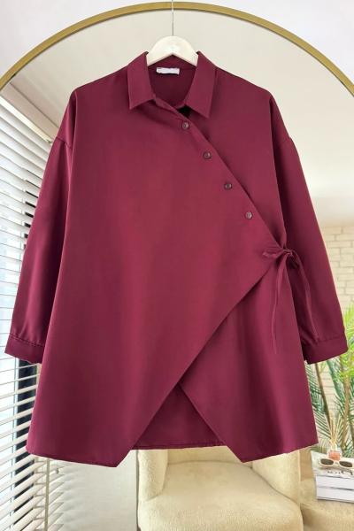 Çapraz Düğmeli Poplin Gömlek Bordo
