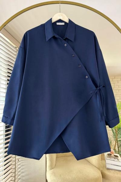 Çapraz Düğmeli Poplin Gömlek Lacivert