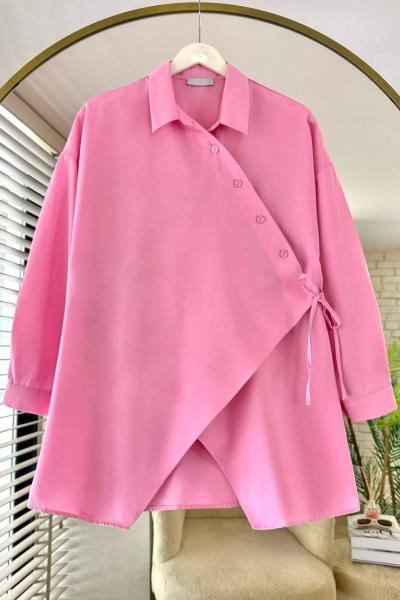 Çapraz Düğmeli Poplin Gömlek Pembe