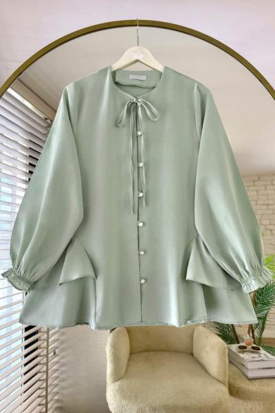 Yaka Bağcıklı Poplin Gömlek Yeşil