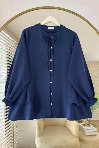 Yaka Bağcıklı Poplin Gömlek Lacivert