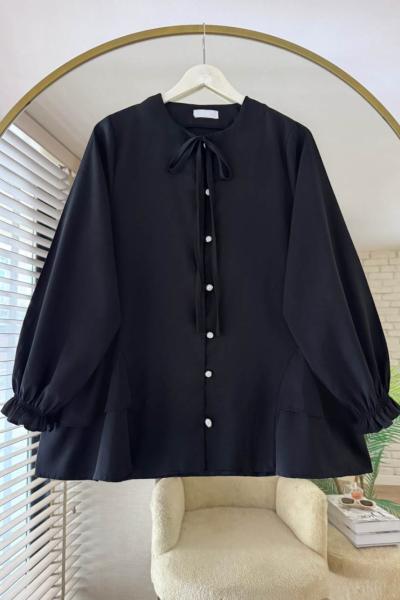 Yaka Bağcıklı Poplin Gömlek Siyah