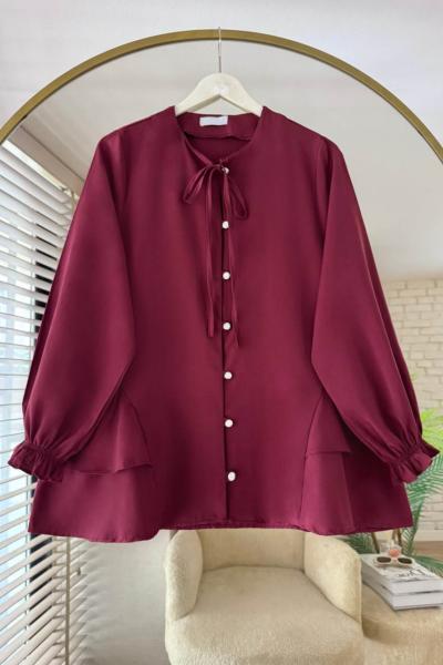 Yaka Bağcıklı Poplin Gömlek Bordo